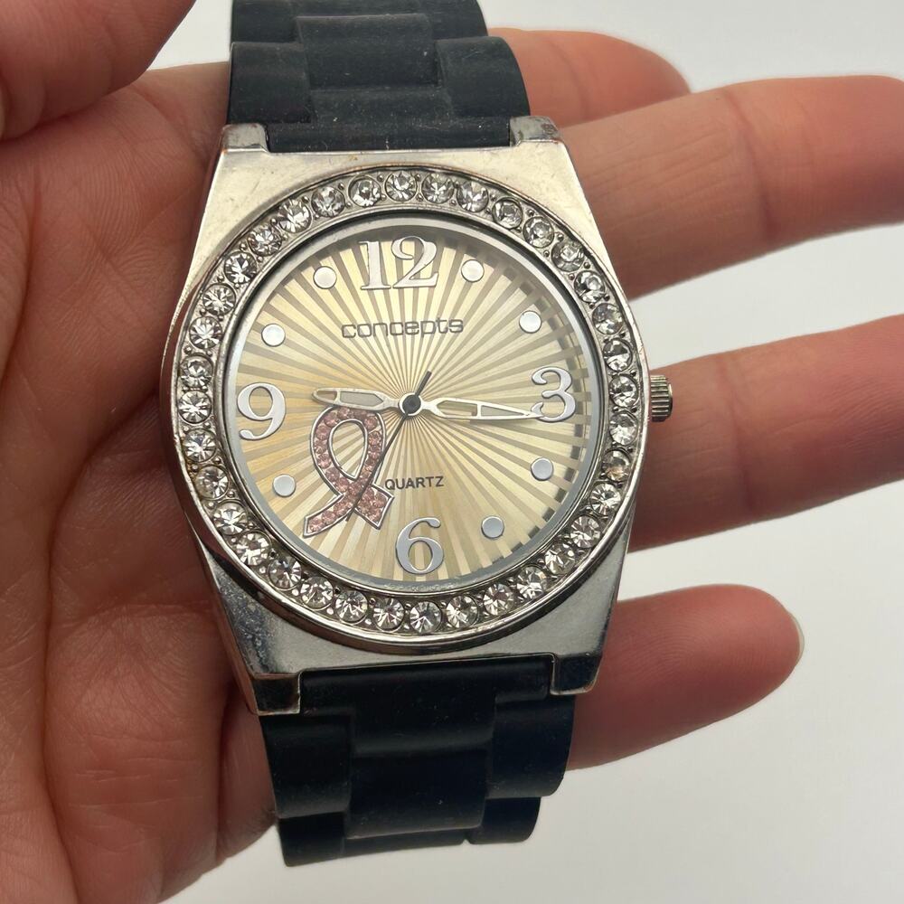 Concepts Breast Cancer Awareness Ribbon Watch Crystal Bezel Black Band Quartz - Picture 7 of 8